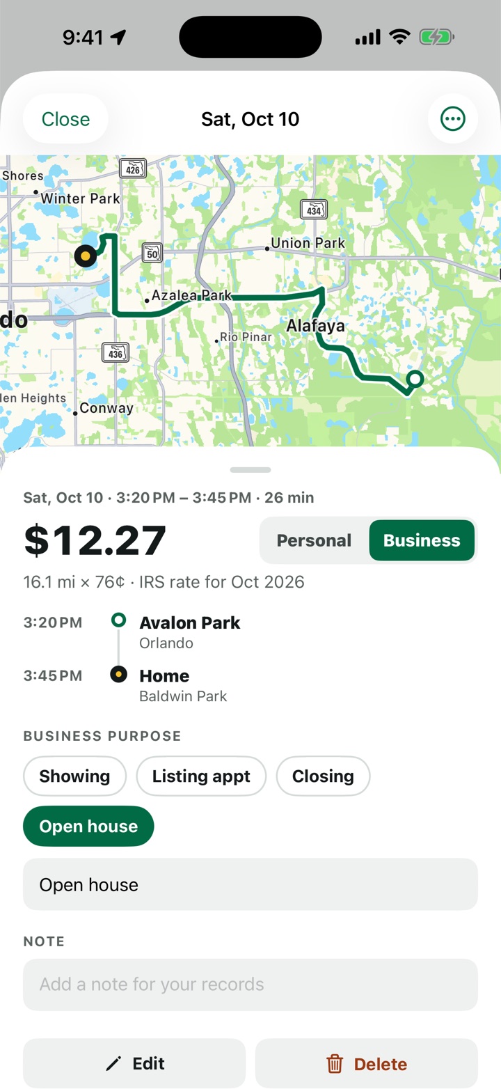 A recorded drive from Avalon Park to Home on a map: 16.1 miles, $12.27 at the IRS rate, marked Business for an open house.