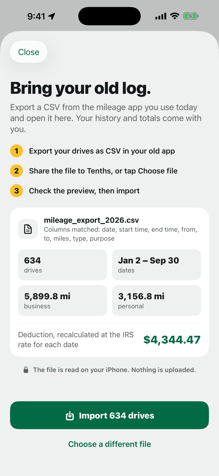 The import screen previewing a CSV from another app: 634 drives from January 2 to September 30 and a $4,344.47 deduction.